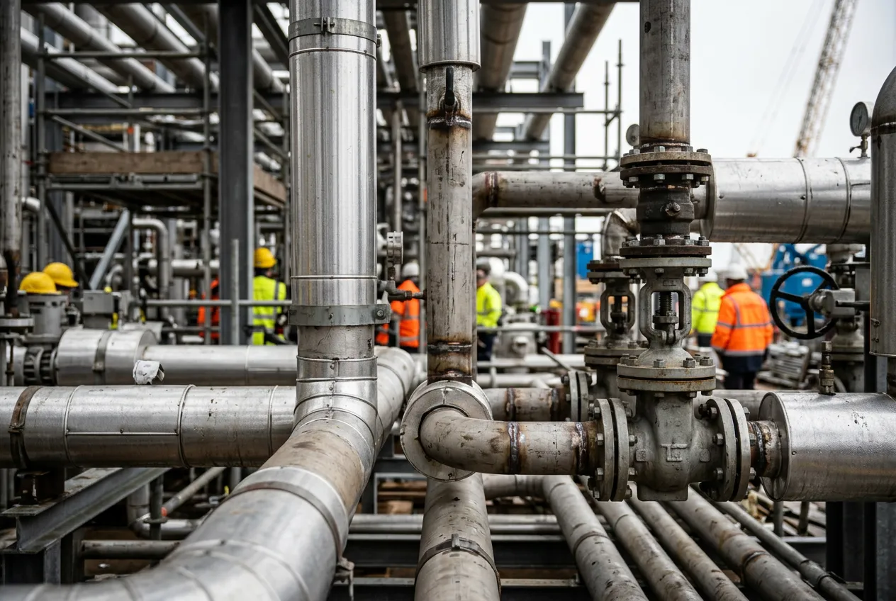 Large industrial chemical refinery complex under construction with cranes and pipework on Teesside