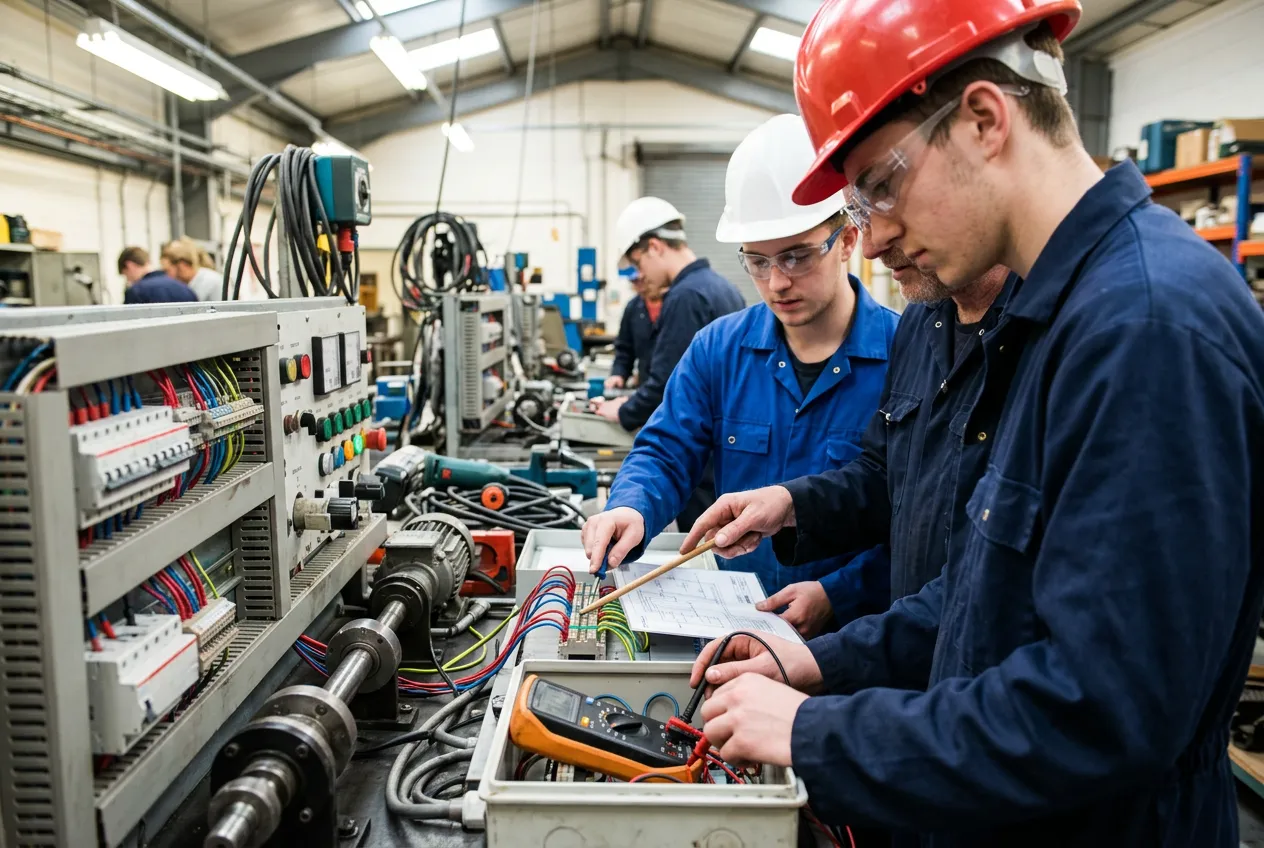 Young engineering apprentices training with tools in a workshop