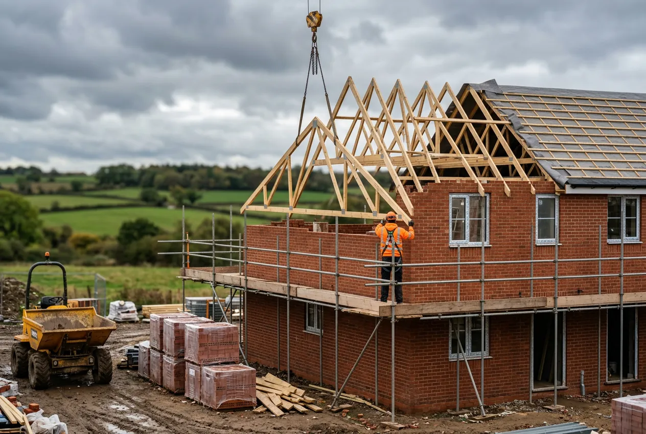 New build housing development under construction with timber roof trusses and brickwork on the edge of a North East town