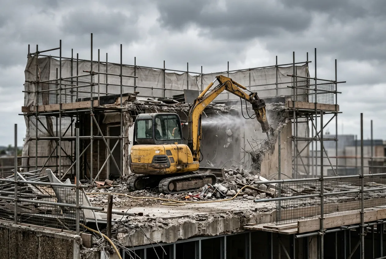 Excavator demolishing the upper floors of a derelict multi-storey building behind scaffolding