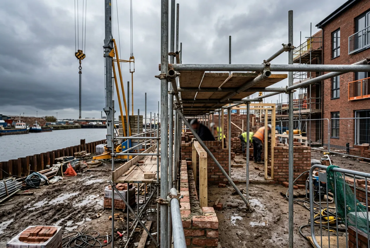 New low rise housing under construction on brownfield land near a waterfront in a northern English town