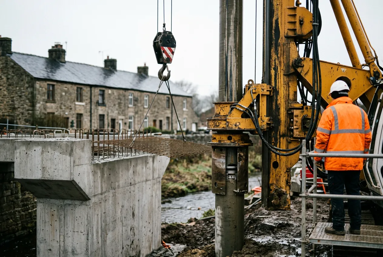 Piling rig and crane working on a new bridge over a beck in a small village