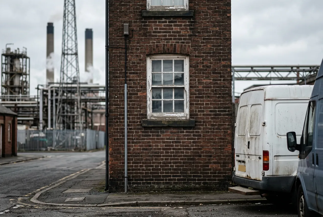 Modest converted hotel building on a road opposite heavy industrial works