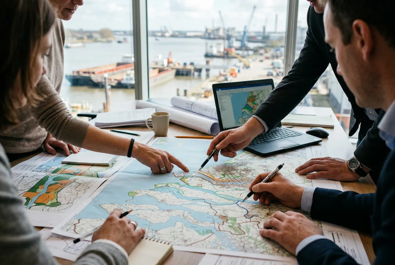 Planners studying a regional development map and drawings on a table