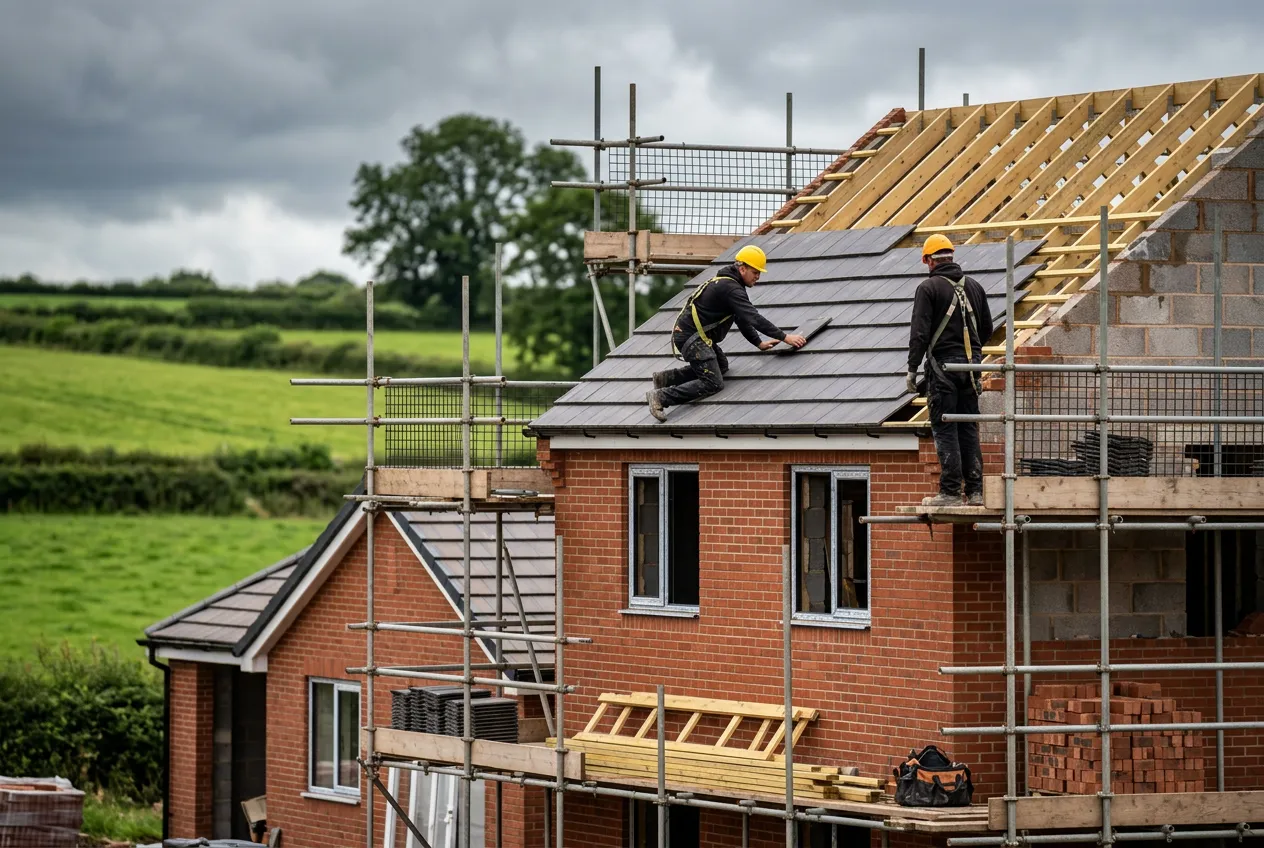 New brick bungalows and houses under construction on the edge of open fields