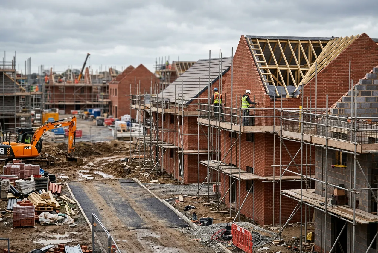 New red brick homes under construction on a large housing development on the edge of a northern English town