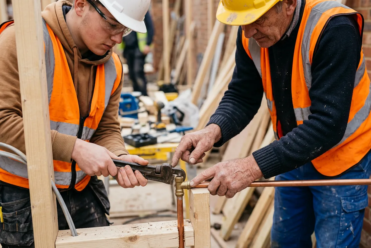 Young construction apprentice working alongside an experienced tradesperson on a building site